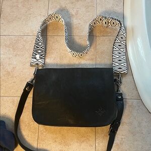 Black Leather Crossbody Bag with Patterned Strap